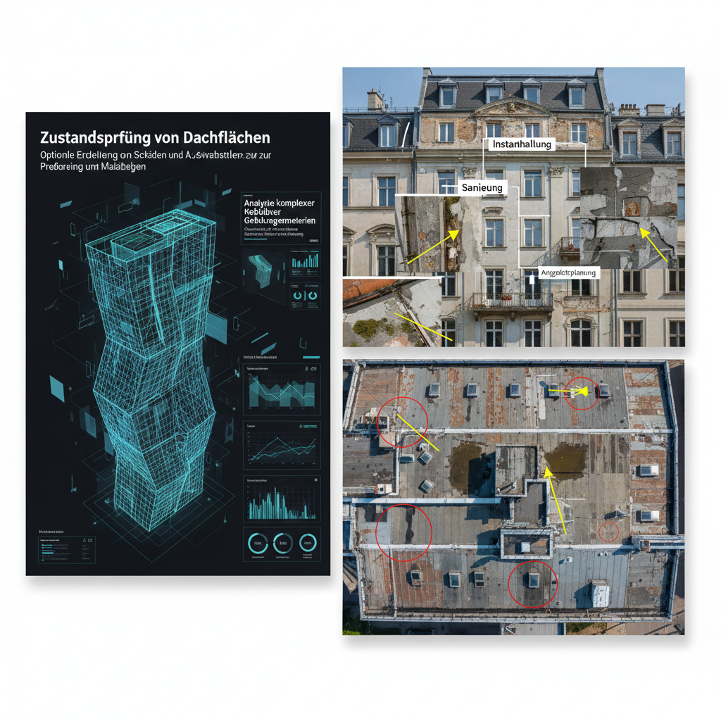 Drohnenbasierte Zustandsprüfung von Dachflächen mit Schadensmarkierung, Fotodokumentation und 3D-Gebäudeanalyse zur Sanierungsplanung