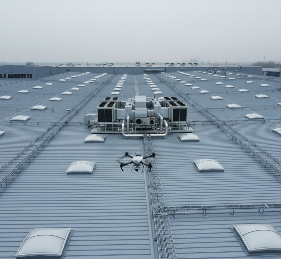 Drohne bei der technischen Inspektion eines großen Industrieflachdachs mit Lichtkuppeln und Lüftungsanlagen