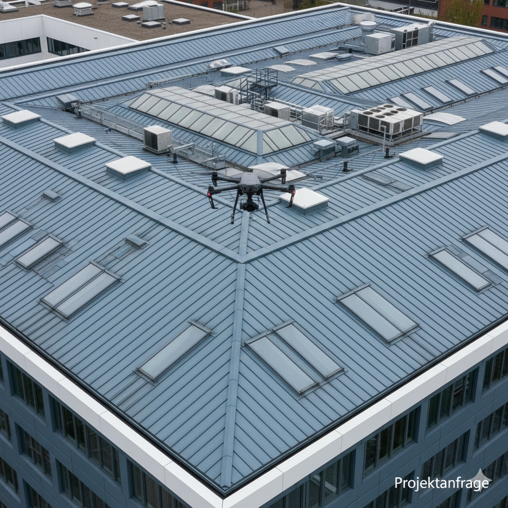 Drohneninspektion eines Flachdachs mit Oberlichtern und technischer Aufbauten zur Gebäudeanalyse
