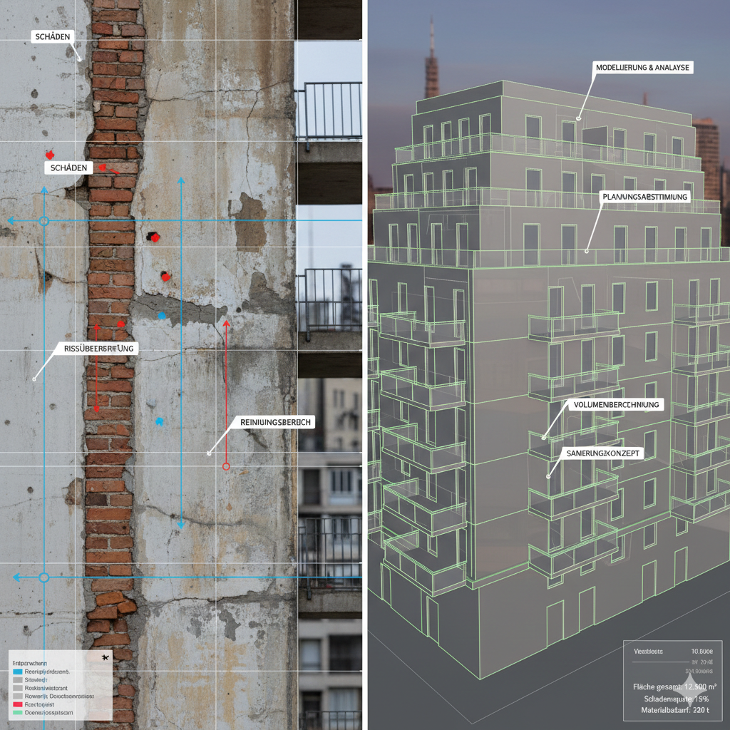 Drohnenbasierte Fassadenanalyse mit Schadensmarkierungen und 3D-Gebäudemodell zur Zustandsbewertung und Sanierungsplanung in Wuppertal