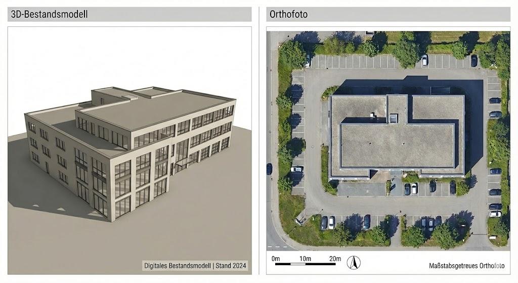3D-Bestandsmodell und Orthofoto einer Gewerbeimmobilie als digitale Dokumentationsgrundlage