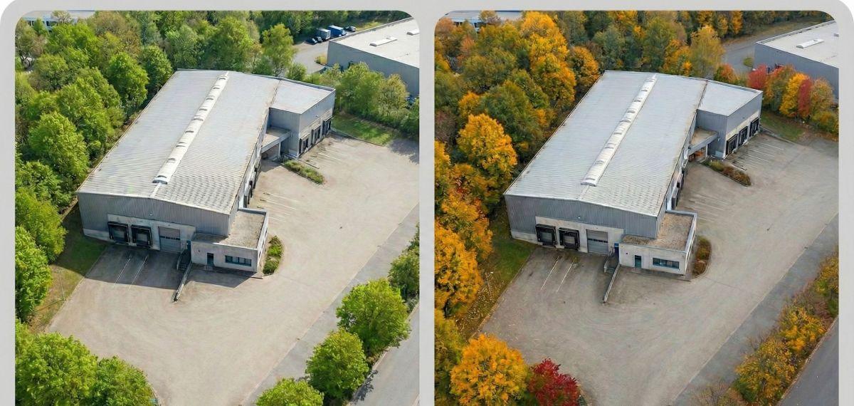 Vergleichende Drohnendokumentation einer Gewerbehalle in zwei Erfassungszeiträumen